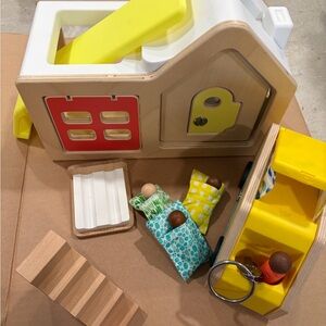Wooden Dollhouse Playset with Yellow and Red Accents